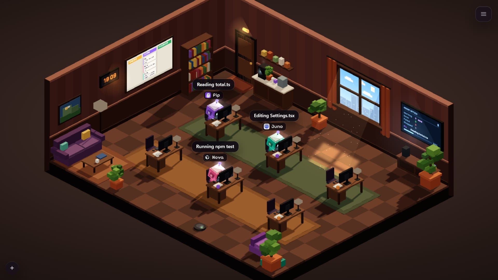 The Agent office with three bots at their desks